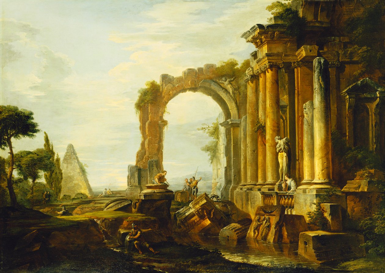 Klassisten raunioiden capriccio Cestiuksen pyramidin ja hahmojen kanssa maisemassa, tekijältä Giovanni Paolo Pannini