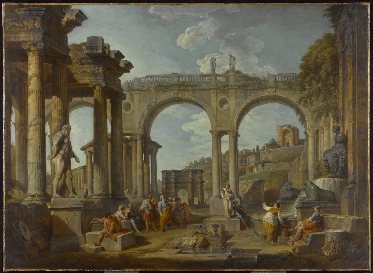Roomalaisten raunioiden capriccio Konstantinuksen kaarella, n. 1755 tekijältä Giovanni Paolo Pannini