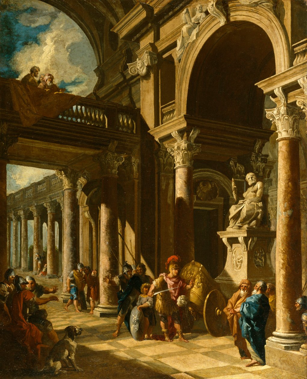 Aleksanteri Suuri leikkaamassa Gordionin solmua, n. 1718-1919 (öljy kankaalle) tekijältä Giovanni Paolo Pannini