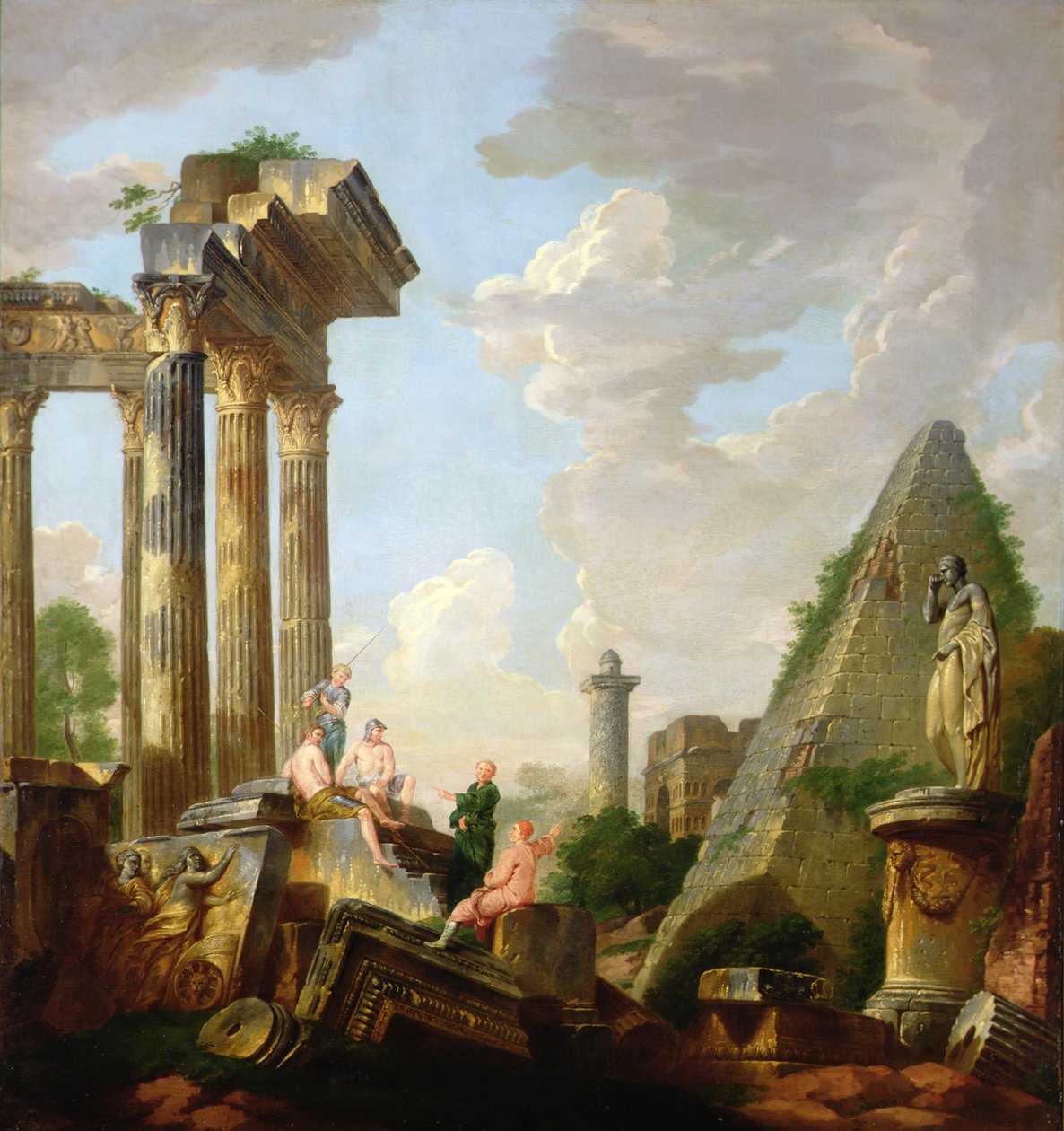 Arkkitehtoninen capriccio saarnaavan apostolin kanssa ennen raunioita (öljy kankaalle) tekijältä Giovanni Paolo Pannini