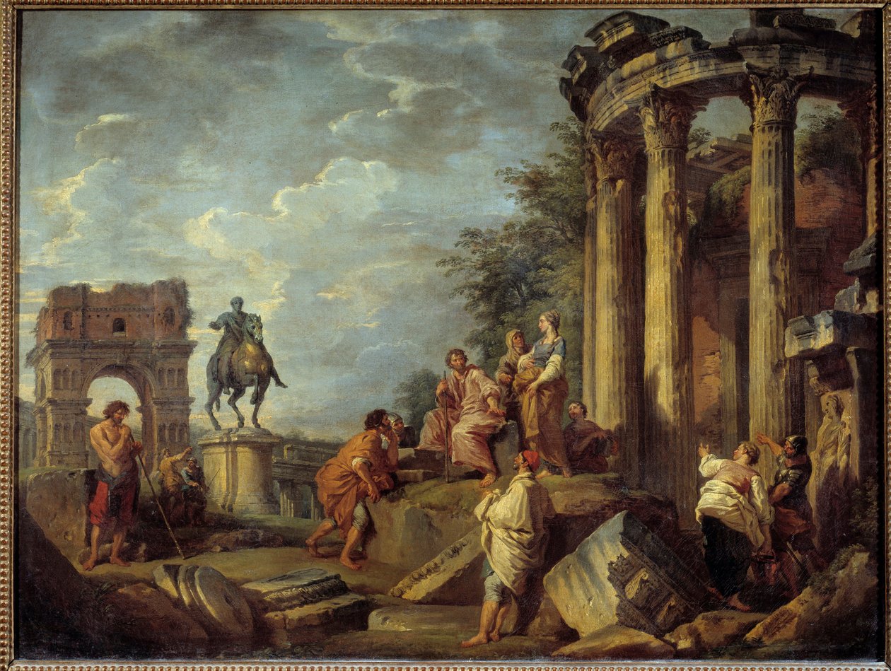 Arkkitehtoniset rauniot ja Januksen kaari, Vestan temppeli ja Marc Aurelen (Marco Aurelio) patsas Giovanni Paolo Panninin (Panini) maalaus (1691-1765) 1700-luvun su. 0,79x0,87 m tekijältä Giovanni Paolo Pannini