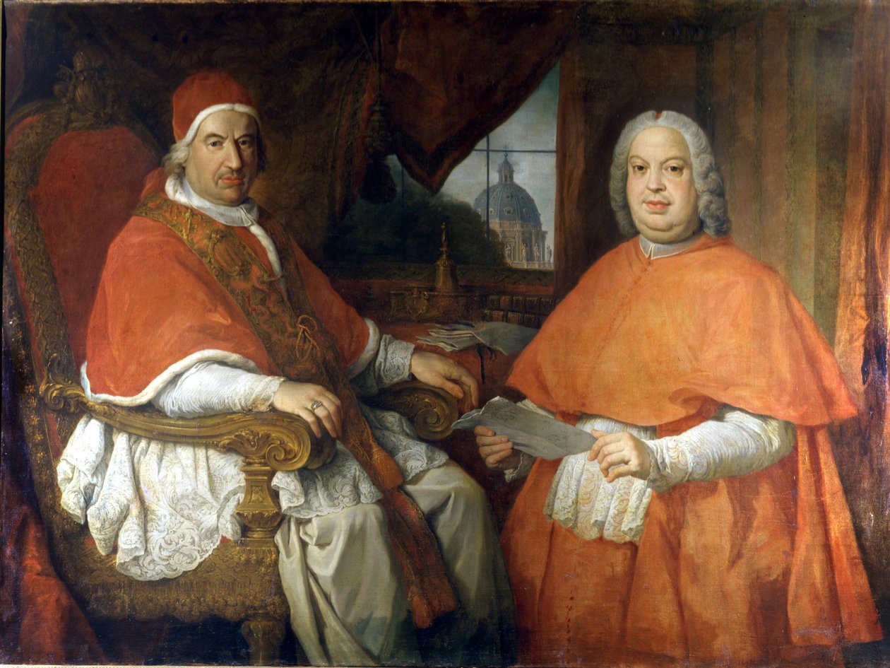 Benedictus XIV ja kardinaali Silvio Valenti Gonzaga (Gonzague). Giovanni Paolo Panninin (Panini) maalaus. 1700-luvulla. Rooma, Rooman museo tekijältä Giovanni Paolo Pannini