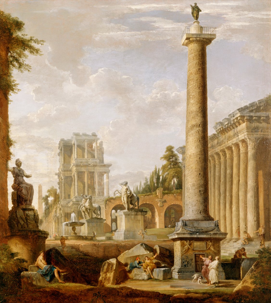 Roomalaisten raunioiden Capriccio Trajanuksen pylväällä (öljy kankaalle) tekijältä Giovanni Paolo Pannini