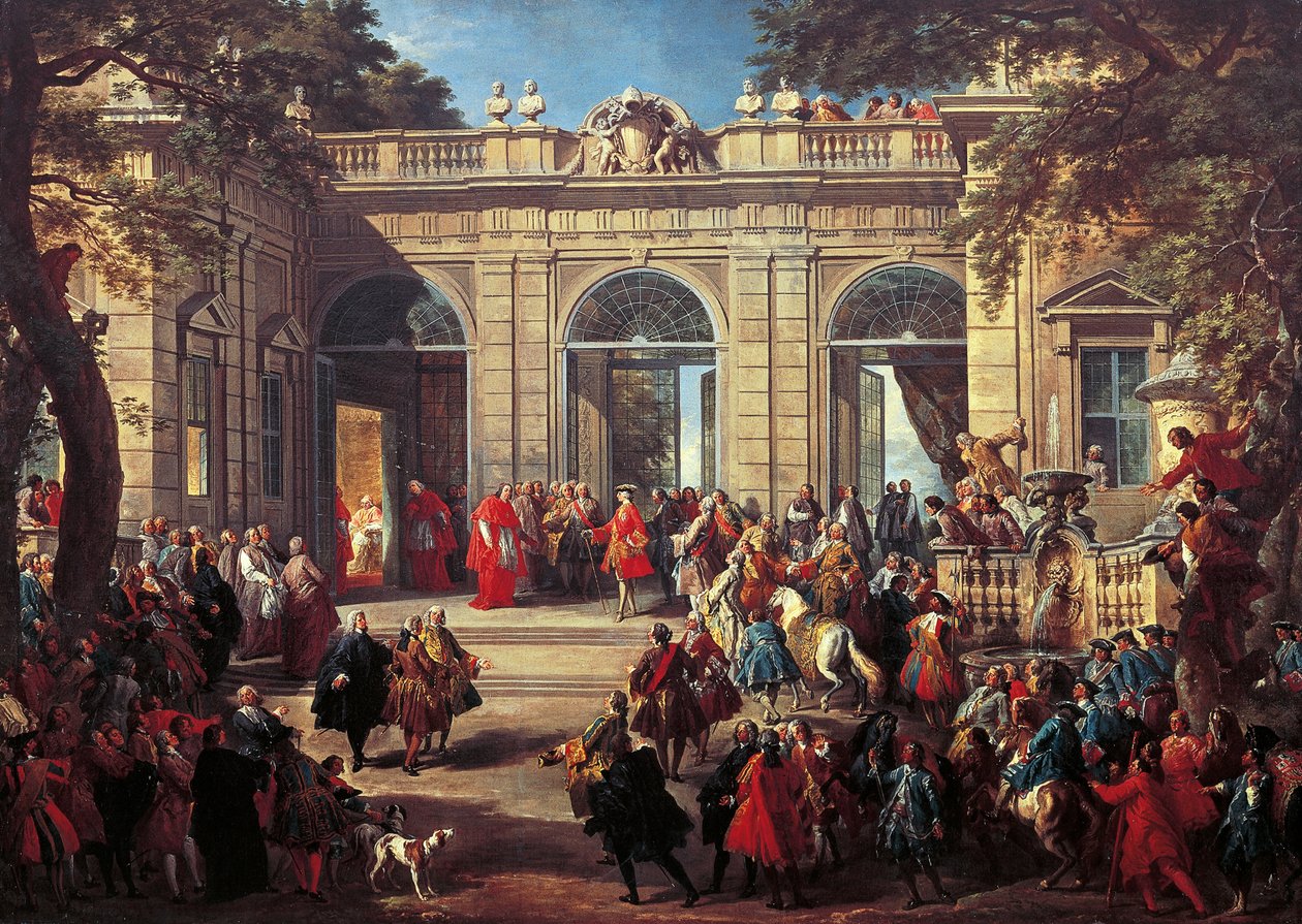 Kaarle III Bourbon vierailee paavi Benedictus XIV:n luona Quirinalin kahvilassa tekijältä Giovanni Paolo Pannini