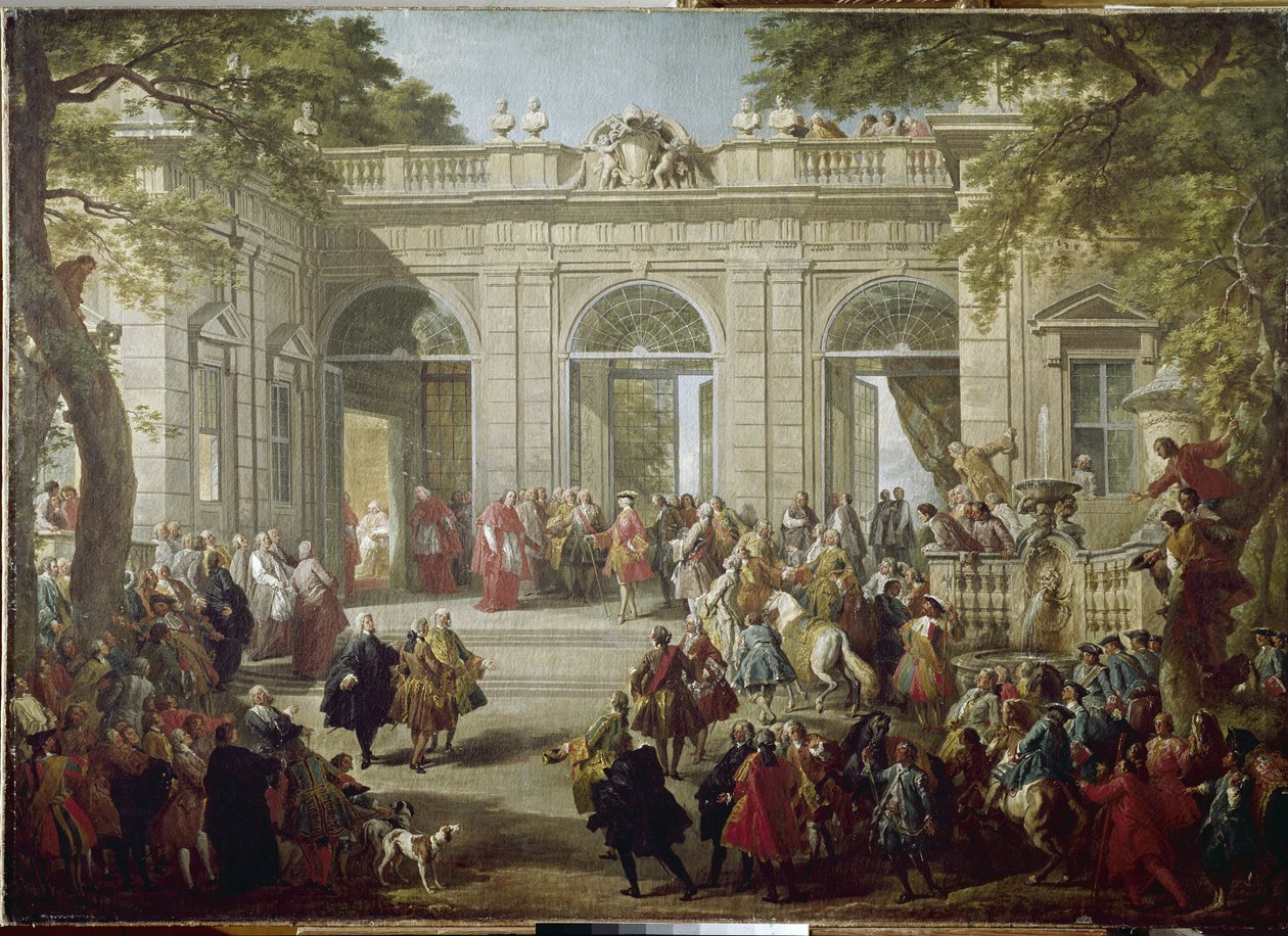 Kaarle III Espanjasta tai Kaarle Bourbon, Napolin kuningas (1716-1788) Paavi Benedetto XIV vierailee Quirinalen palatsin kahvilassa (Quirinal) Giovanni Paolo Panninin (1691-1765) maalaus 1746 Napoli, Capodin kansallismuseo tekijältä Giovanni Paolo Pannini