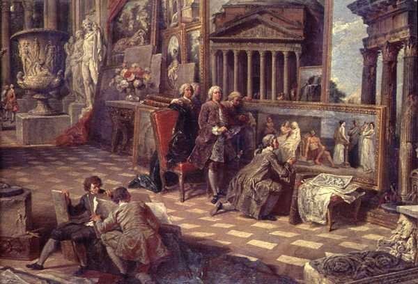 Yksityiskohta kuvitteellisen kuvagallerian sisustuksesta tekijältä Giovanni Paolo Pannini