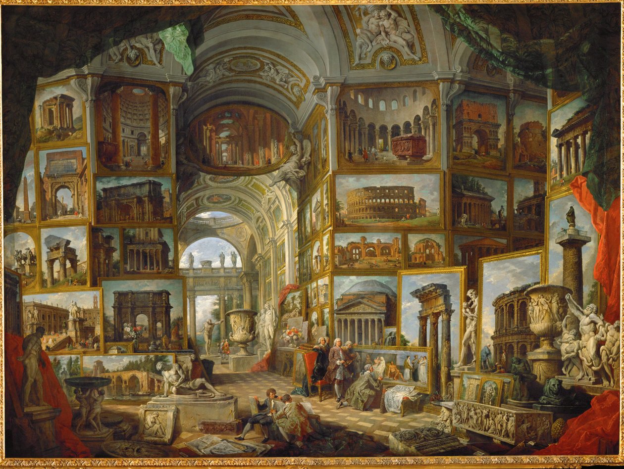 Galleria antiikin Rooman näkymistä, maalattu ... tekijältä Giovanni Paolo Pannini or Panini