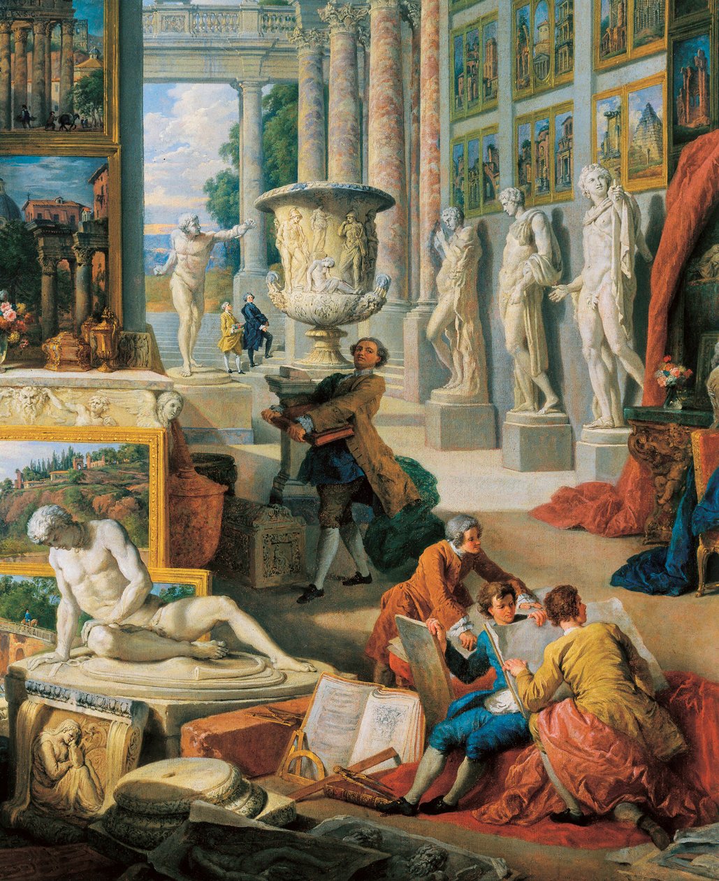 "Galleria muinaisen Rooman näkymistä" Yksityiskohta. Giovanni Paolo Panninin (Panini) maalaus (1691-1765). 1759. tekijältä Giovanni Paolo Pannini