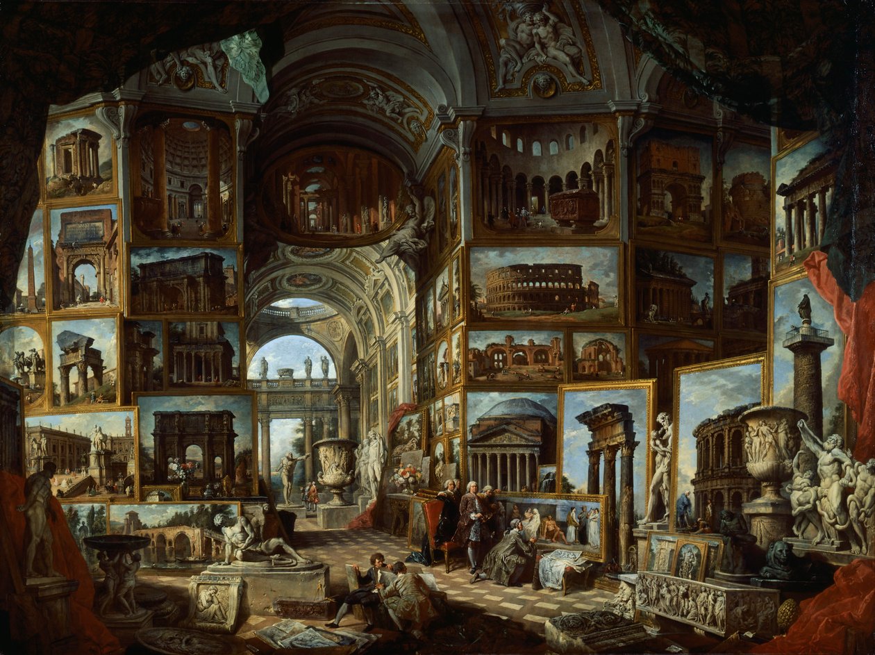 Giovanni Paolo Panninin (1691-1765) kuvitteellinen galleria antiikin Rooman näkymistä, noin 1756, öljy kankaalle tekijältä Giovanni Paolo Pannini