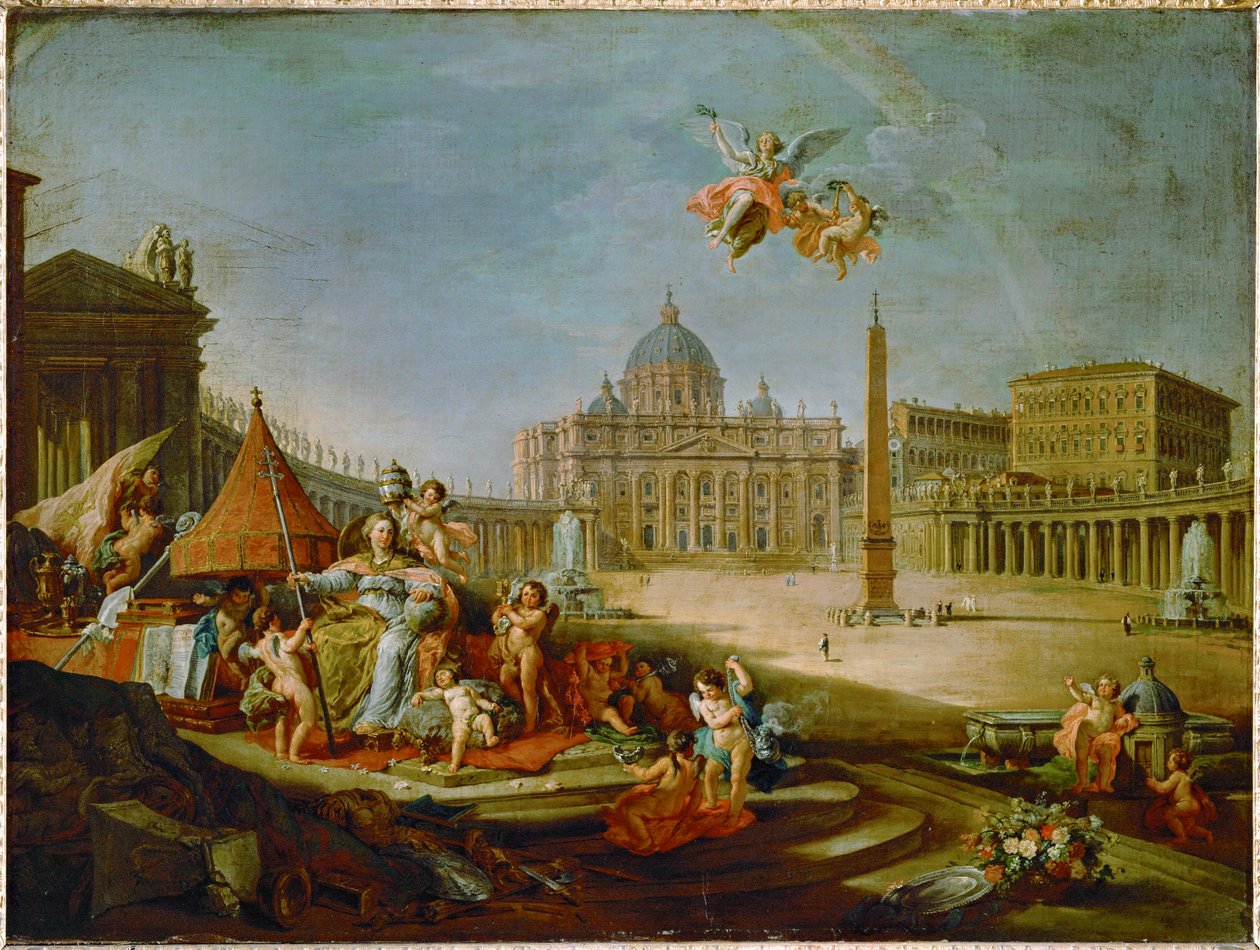 Pyhän Pietarin aukio, jossa on vertauskuvana paaviuden voitto ... tekijältä Giovanni Paolo Pannini or Panini