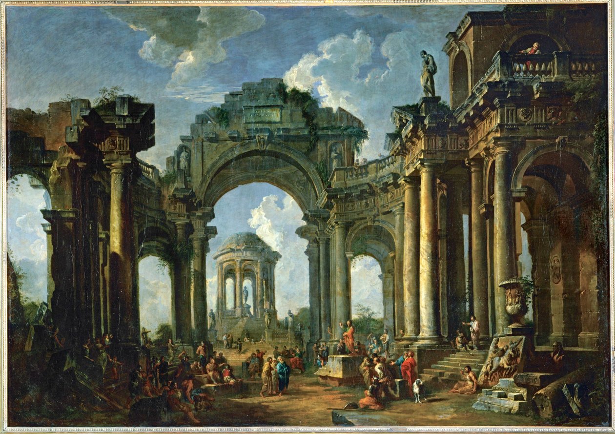Apostolin saarnaaminen antiikin dorisen arkkitehtuurin raunioilla ... tekijältä Giovanni Paolo Pannini or Panini