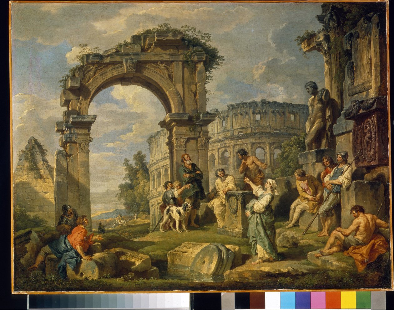 Sibyl of Cumae (Italia) ennustaa Kristuksen syntymää. (Kumealainen Sibylla ennusti Kristuksen syntymää). Giovanni paolo paninin (tai Panninin) maalaus (1691-1765), öljy kankaalle tekijältä Giovanni Paolo Pannini