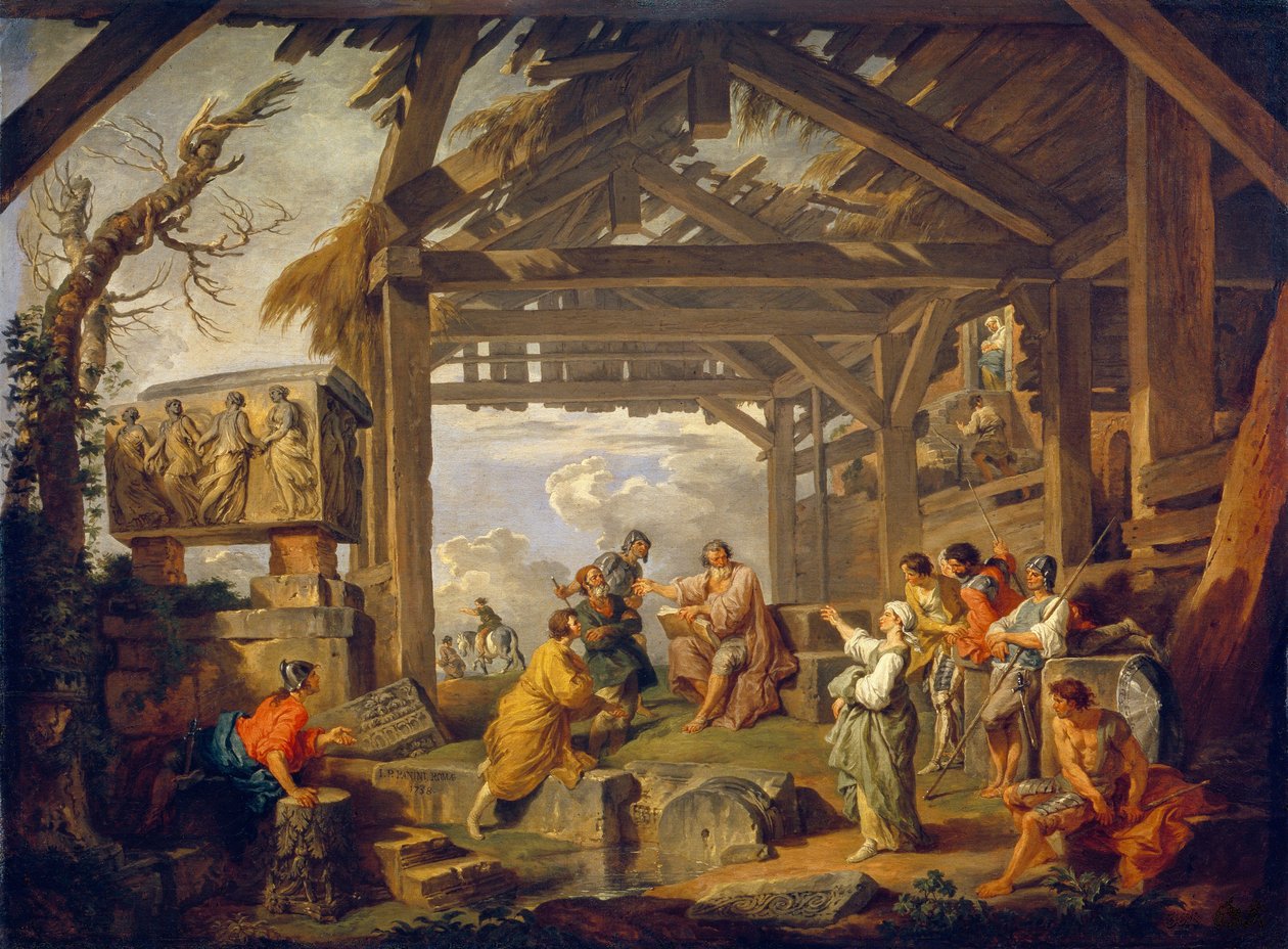 Cumaen sibylla, joka ennustaa Kristuksen syntymää. Giovanni Paolo Paninin (Pannini) (1691-1765) maalaus öljy kankaalle tekijältä Giovanni Paolo Pannini