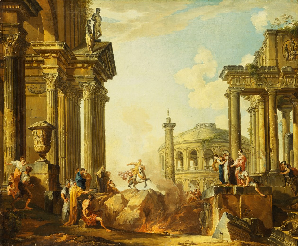 Marcus Curtius hyppää kuiluun, Capriccio Trajanuksen pylvään kanssa ja muita klassisia rakennuksia sen takana, tekijältä Giovanni Paolo Pannini