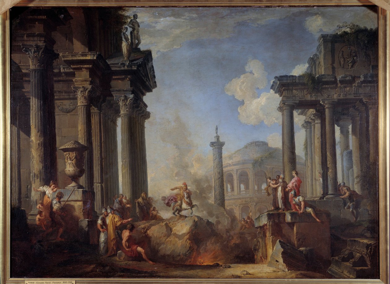 Marcus Curtius heittäytyy kuiluun Rohkea Rooman kansalainen Marcus Curtius uhrasi itsensä roomalaisille jumalille heittäytymällä foorumille vuonna 362 eaa. Giovanni Paolo Panninin (Panini) (1691-1765) maalaus 1700-luvun su. 0,99 x 1,34 m tekijältä Giovanni Paolo Pannini