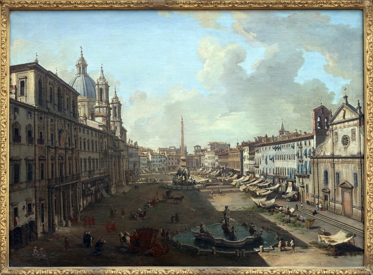 Piazza Navona (Piazza Navona) Roomassa, Neptunuksen suihkulähde etualalla, Giovanni Paolo Panninin (Panini) (1691-1765) öljymaalaus kankaalle. Valokuvaus, KIM Youngtae, Nantes, Musee des Beaux Art de Nantes. tekijältä Giovanni Paolo Pannini