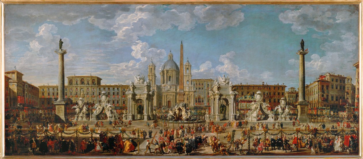 Valmistelut ilotulitusnäytöstä ja juhlallisuuksien koristeluista Piazza Navonalla Roomassa 30. marraskuuta ... tekijältä Giovanni Paolo Pannini or Panini