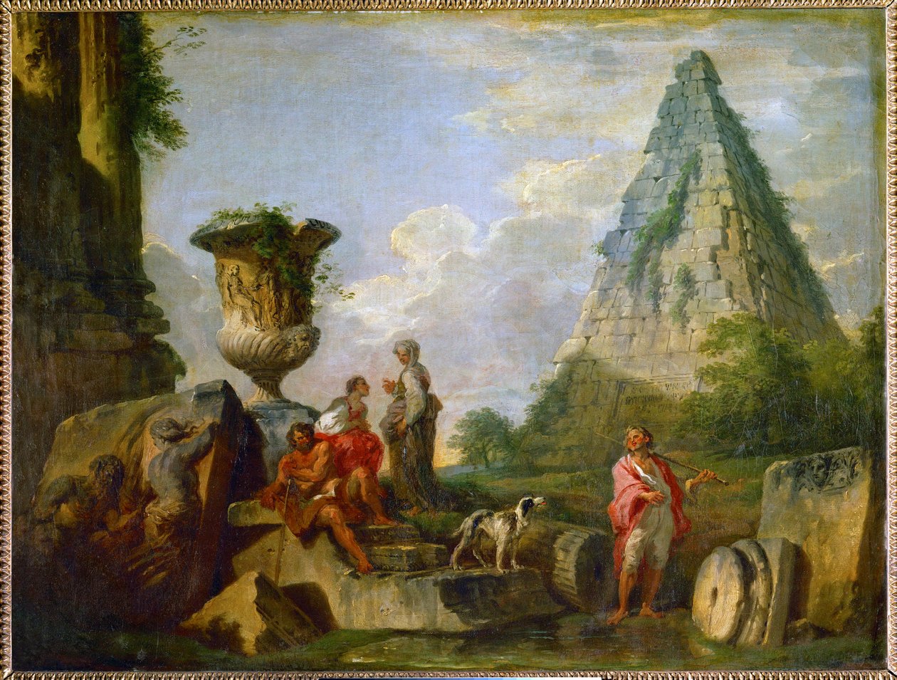 Antiikin rauniot ja Gaius Cestiuksen pyramidi ... tekijältä Giovanni Paolo Pannini or Panini