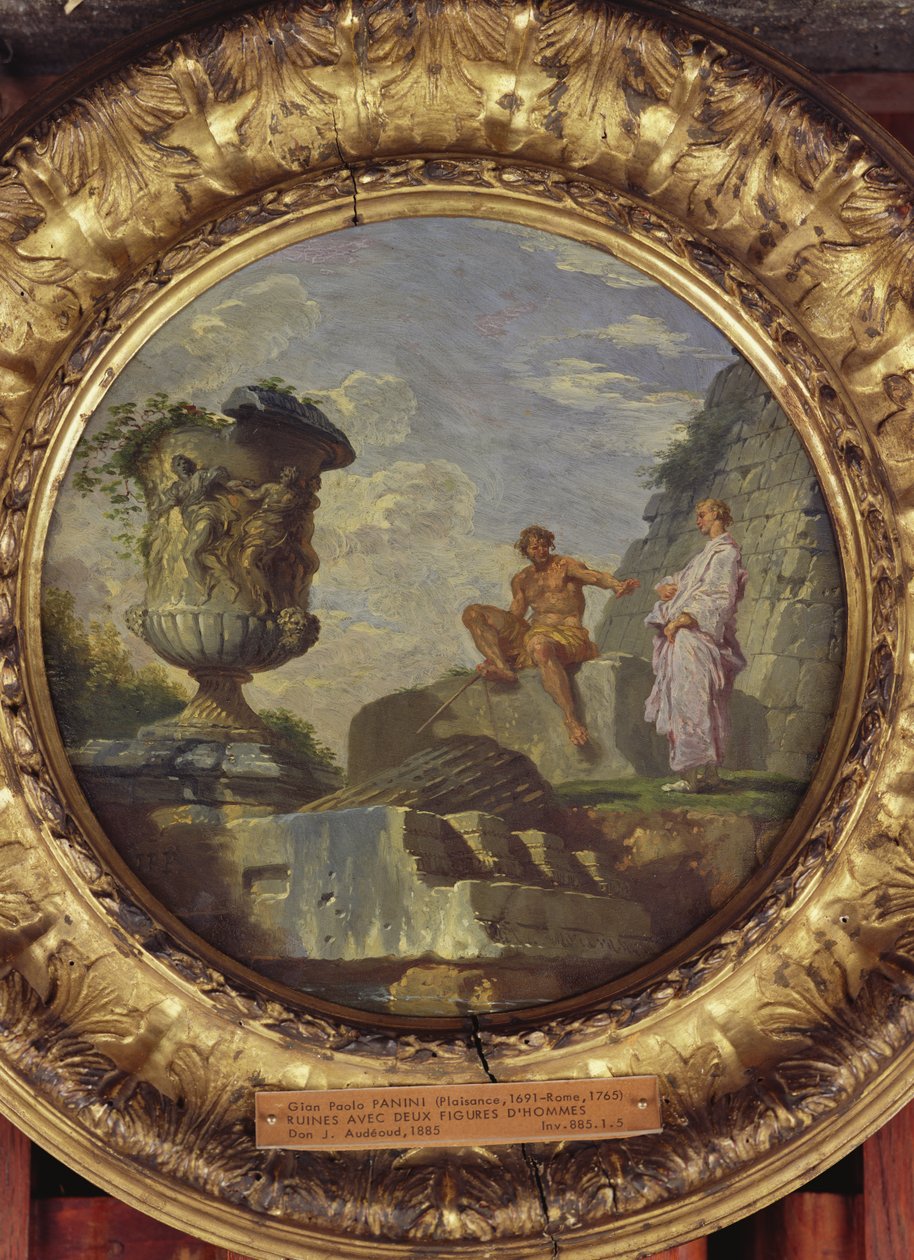 Rauniot kahden miehen kanssa, n. 1750-60 (öljy kuparille) tekijältä Giovanni Paolo Pannini