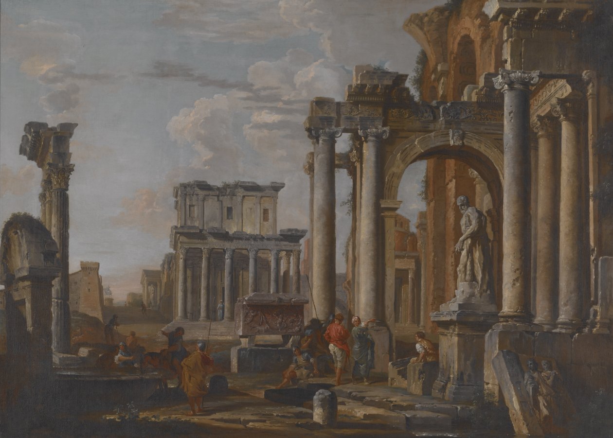 Rauniot ja Antoninuksen ja Faustinan temppeli, n. 1727-30 (öljy kankaalle) tekijältä Giovanni Paolo Pannini