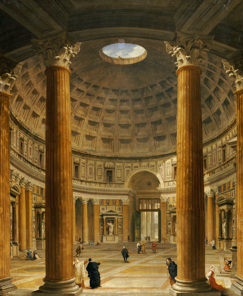 Pantheonin sisätilat, Rooma, katsoen pohjoiseen pääalttarista sisäänkäynnille, 1732 tekijältä Giovanni Paolo Pannini