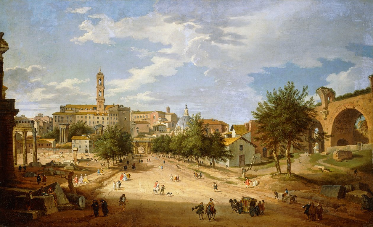 Forum Romanum ja Campidoglio Konstantinuksen kaaresta nähtynä, 1751 tekijältä Giovanni Paolo Pannini