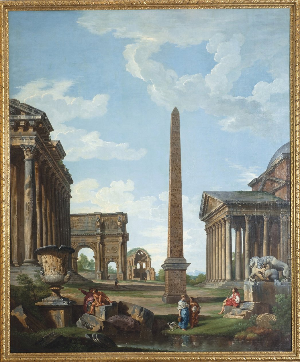Capriccio, jossa on roomalaisia ​​raunioita ja kohtaus Belisairen elämästä - Giovanni Paolo Paninin (Pannini) (1691-1765) maalaus, öljy kankaalle, 210,8x173 cm - (Kaprisio roomalaisia ​​raunioita ja kohtaus Belisariuksen elämästä , Öljy kankaalle tekijä Gi tekijältä Giovanni Paolo Pannini