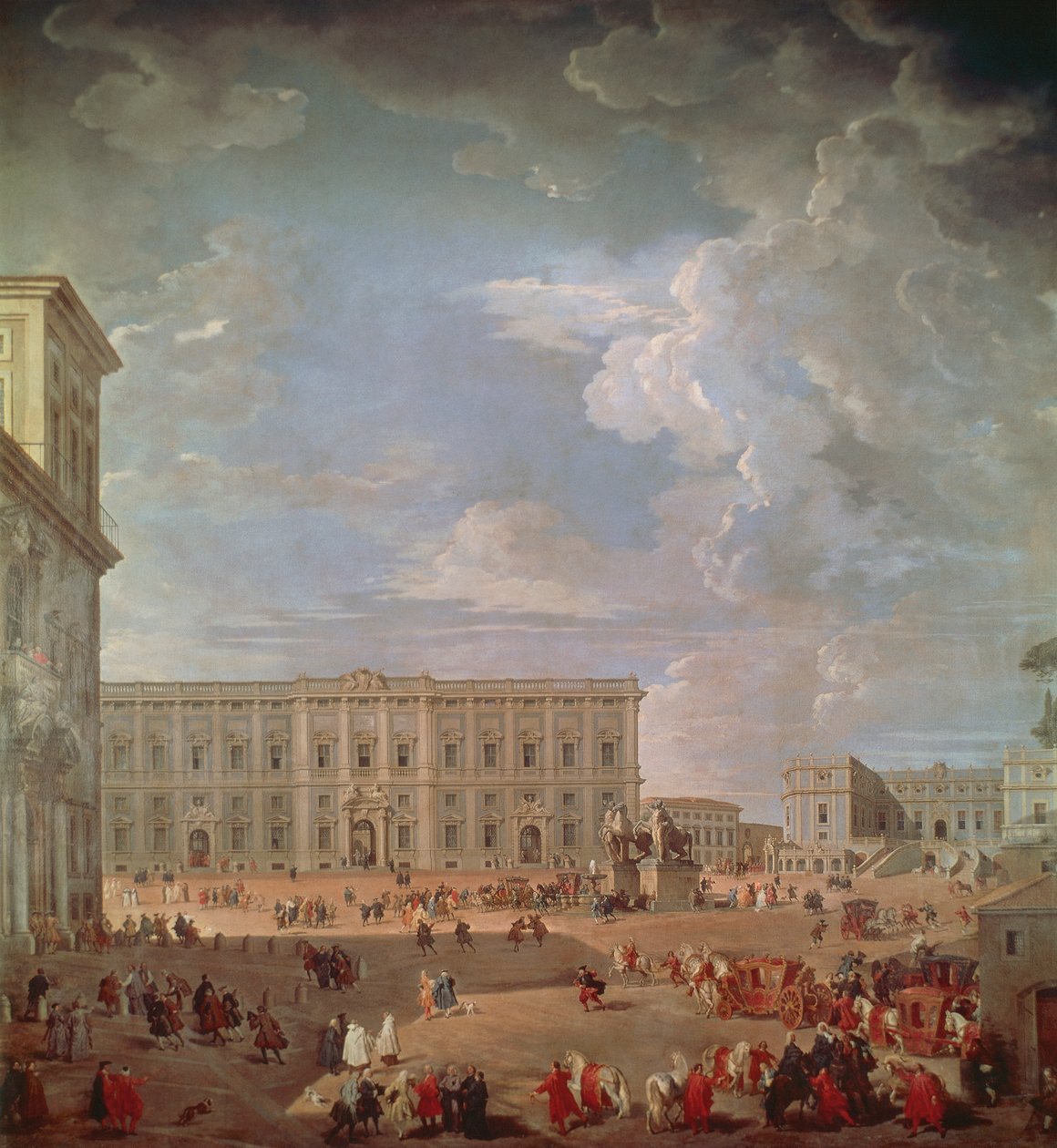 Näkymä Quirinale ja Piazza di Monte Cavallo, Giovanni Paolo Pannini (1691-1765), öljy kankaalle, 270x254 cm tekijältä Giovanni Paolo Pannini