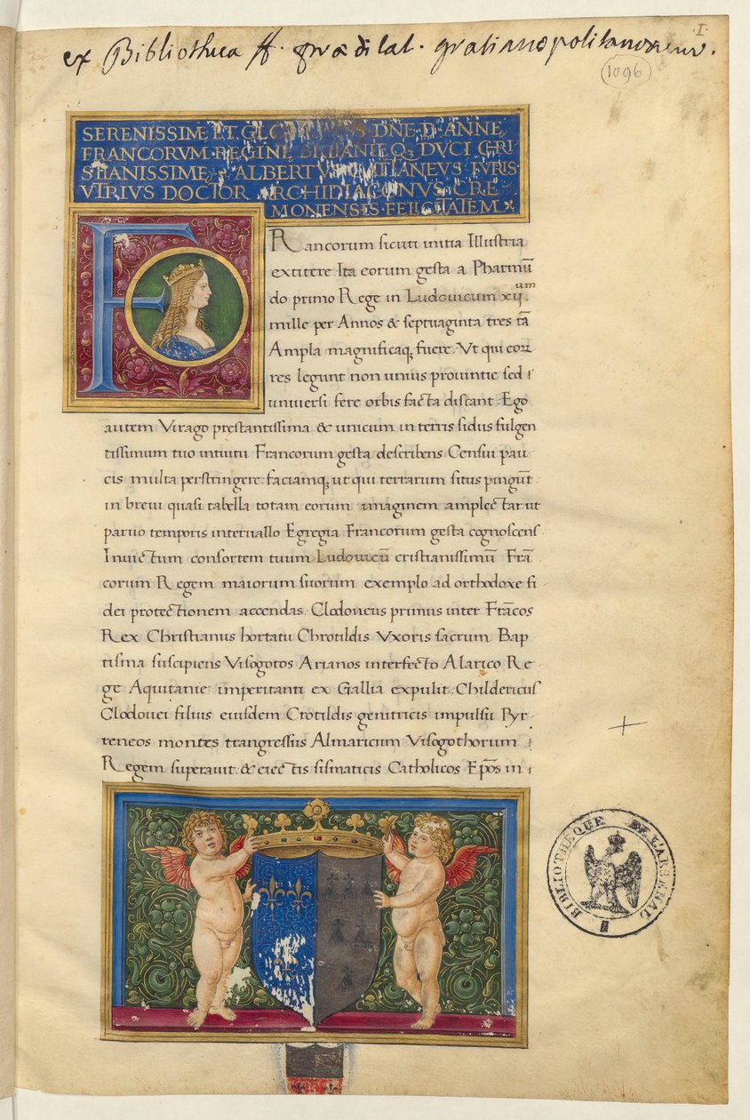 Albert Cattaneo of Piacenzan kirjoittaman Ranskan kuninkaiden historian etusivun kuva. tekijältä Giovanni Pietro Birago