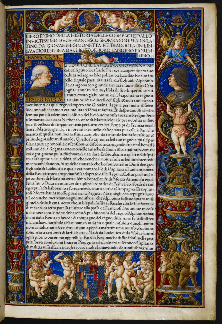 Frontispiece, Giovanni Simonettalta, Historia invictissimo-herttua Francesco Sforzan teoista [ns. Sforziade], Milano, Antonio Zaotto tekijältä Giovanni Pietro Birago