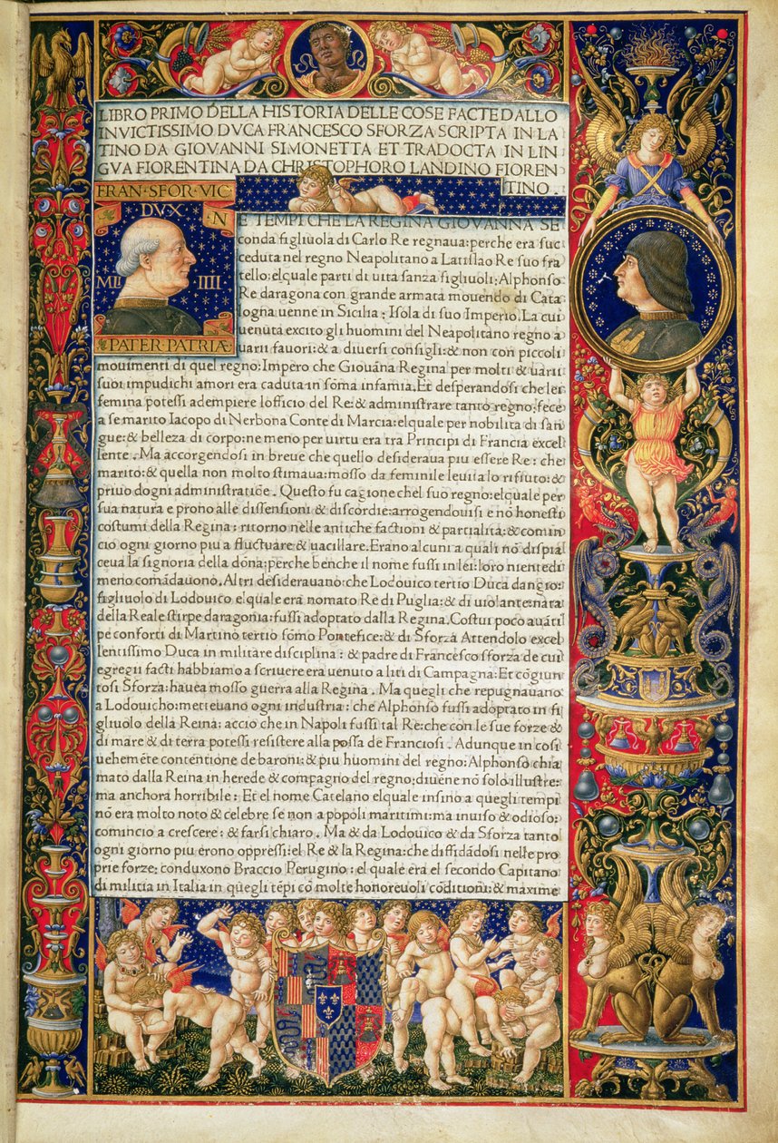 Grenville MS 7251 Ludovico Sforzalle teloitetun Sforziadan tai Francesco Sforzan elämän luksuskopion etukappale, Giovanni Simonettan kirjoittama latinankielinen käännös. tekijältä Giovanni Pietro Birago