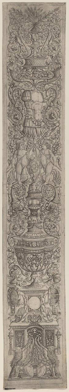 Koristepaneeli: Griffins and Two Cupids Crossing Halberds tekijältä Giovanni Pietro Birago and Zoan Andrea