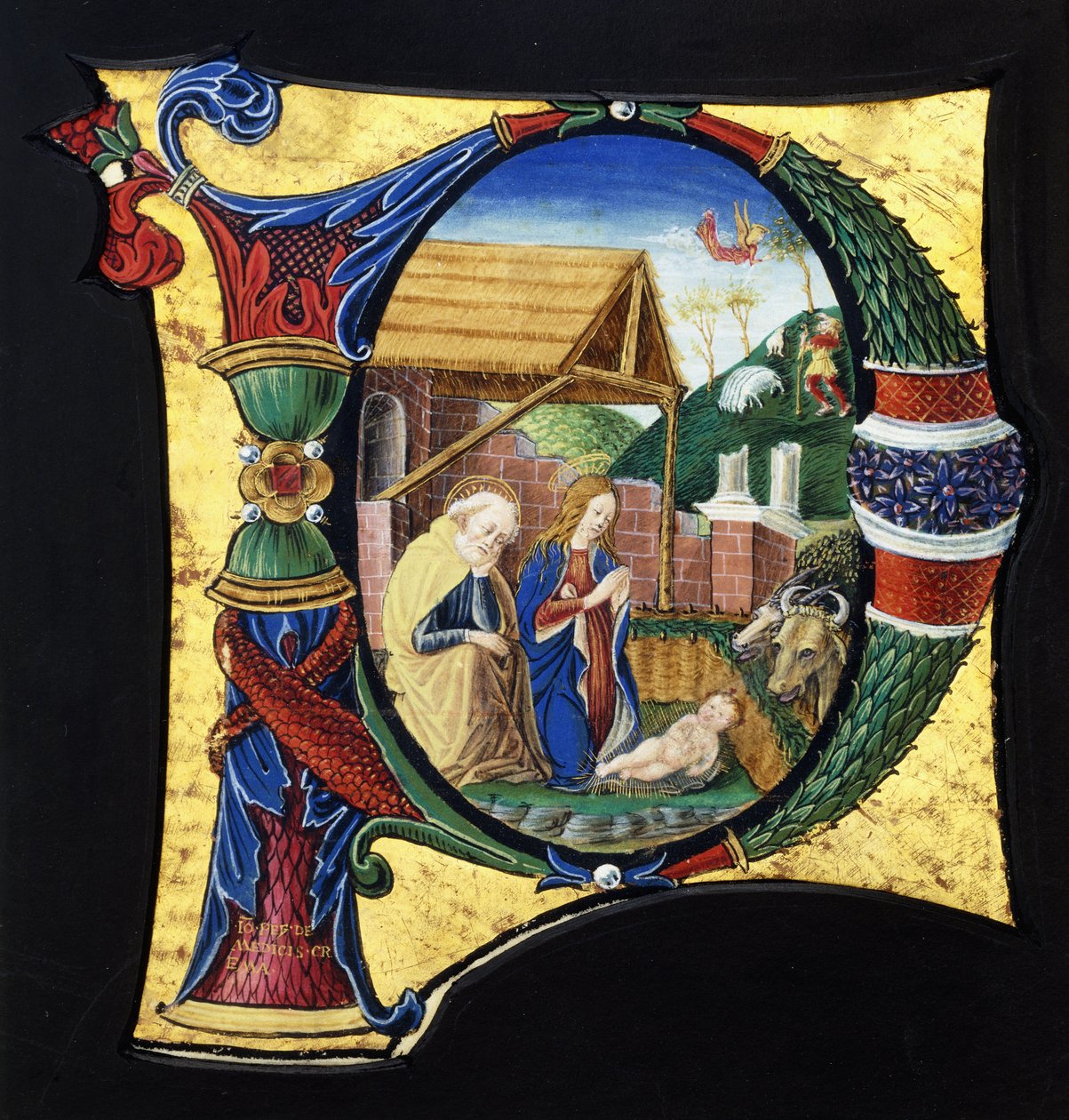 Suuri historiallinen alkukirjain "P", joka kuvaa syntymäkohtausta, n. 1490 tekijältä Giovanni Pietro Medici Da Crema