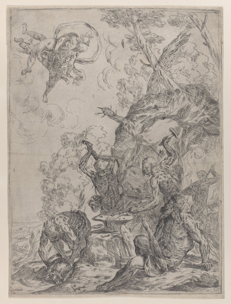 Vulcanin takomo, jossa sepät lyövät alasin vasaralla..., 1640-59. tekijältä Giovanni Pietro Possenti