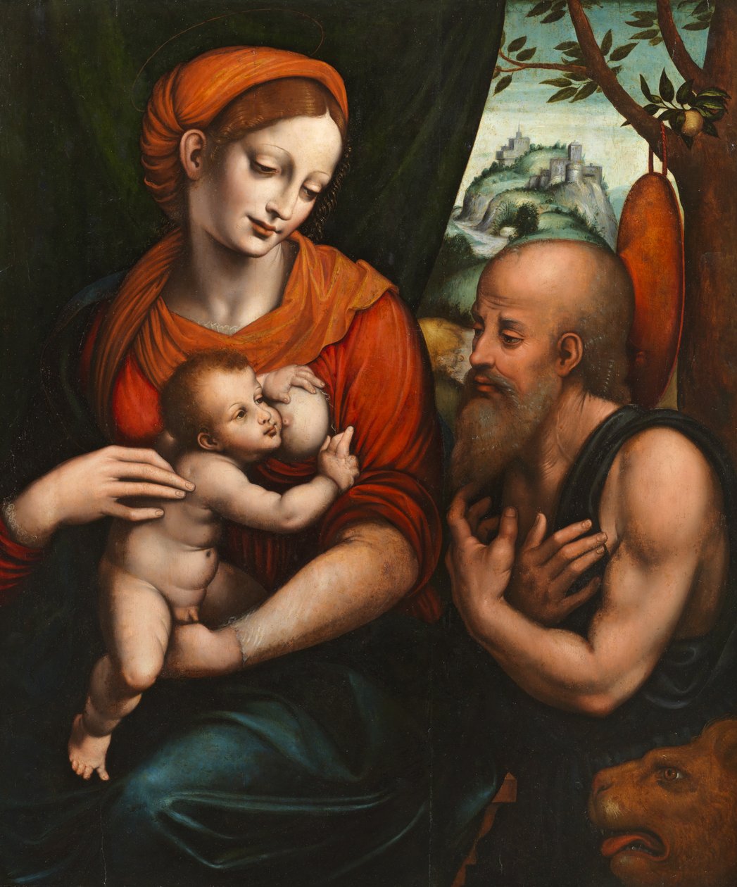 Neitsyt ja lapsi Pyhän Hieromuksen kanssa tekijältä Giovanni Pietro Rizzoli (attr. to) Giampietrino