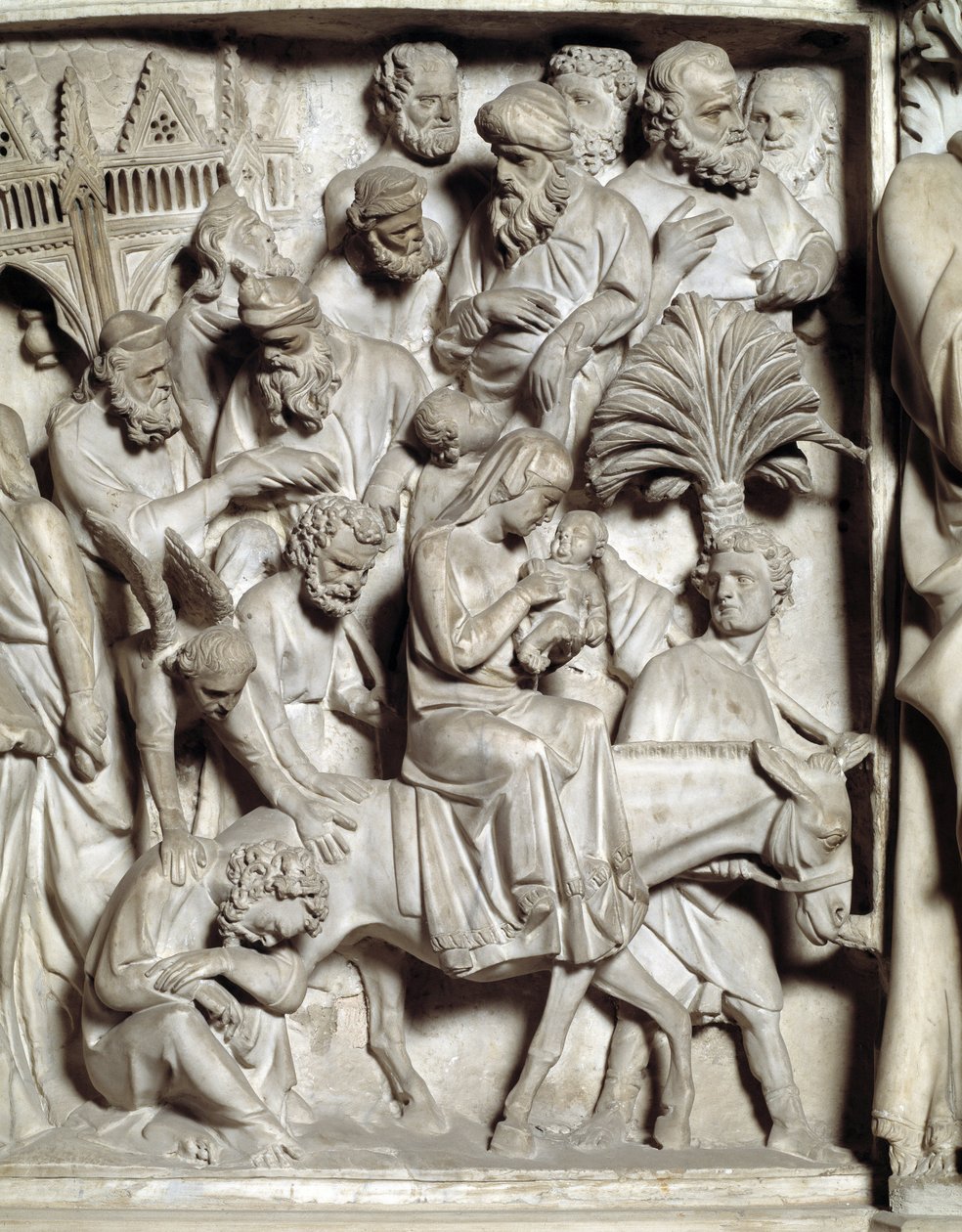 Yksityiskohta Giovanni Pisanon (1248-1314) tuolin reliefeistä: Yksityiskohta marmorisaarnatuolien reliefeistä, lento Egyptiin 1302-1311 Cathedrale de Pisa (Duomo di Pisa), Italia tekijältä Giovanni Pisano