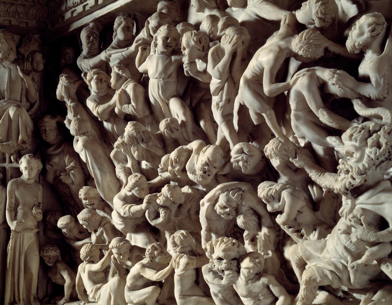 Yksityiskohta Giovanni Pisanon (1248-1314) toteuttamista tuolin reliefeistä: damns (Yksityiskohta marmorisaarnatuolien reliefeistä) 1302-1311 Cathedrale de Pisa (Duomo di Pisa), Italia tekijältä Giovanni Pisano