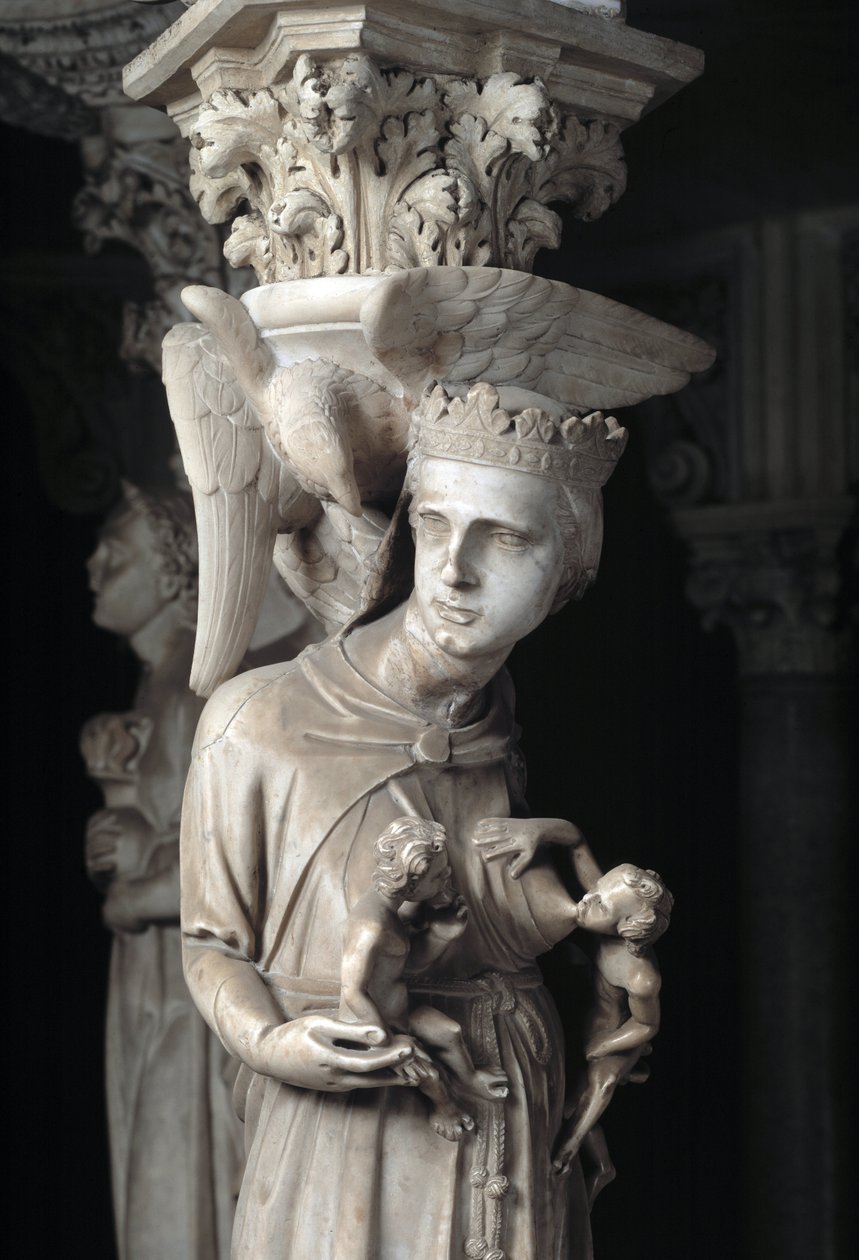 Yksityiskohta Giovanni Pisanon (1248-1314) tuolia tukevista veistoksista: kirkko ruokkimassa lapsiaan (Yksityiskohta marmorista saarnatuolia tukevista veistosista, kirkko ruokkii lapsiaan) 1302-1311 Pisan katedraali (Duomo di Pis) tekijältä Giovanni Pisano