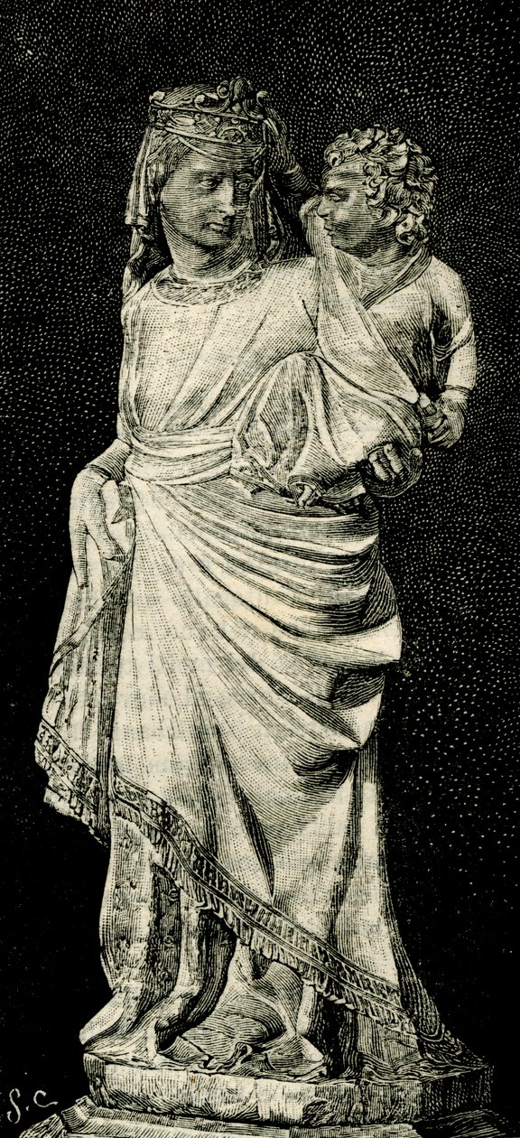 Madonna ja lapsi, patsas Giovanni Pisano (noin 1240-noin 1320), Praton katedraali, Toscana, Italia, puupiirros Le cento citta d