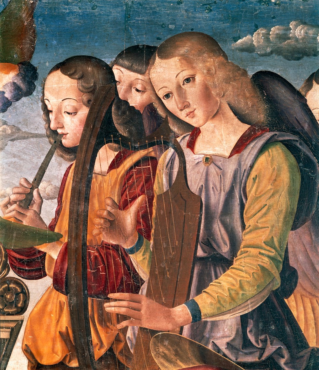 Anjos com instrumentos, detalhe da Conversa Sagrada com Madona e o Menino entronizado com doador e santos finlandeses tekijältä Giovanni Santi