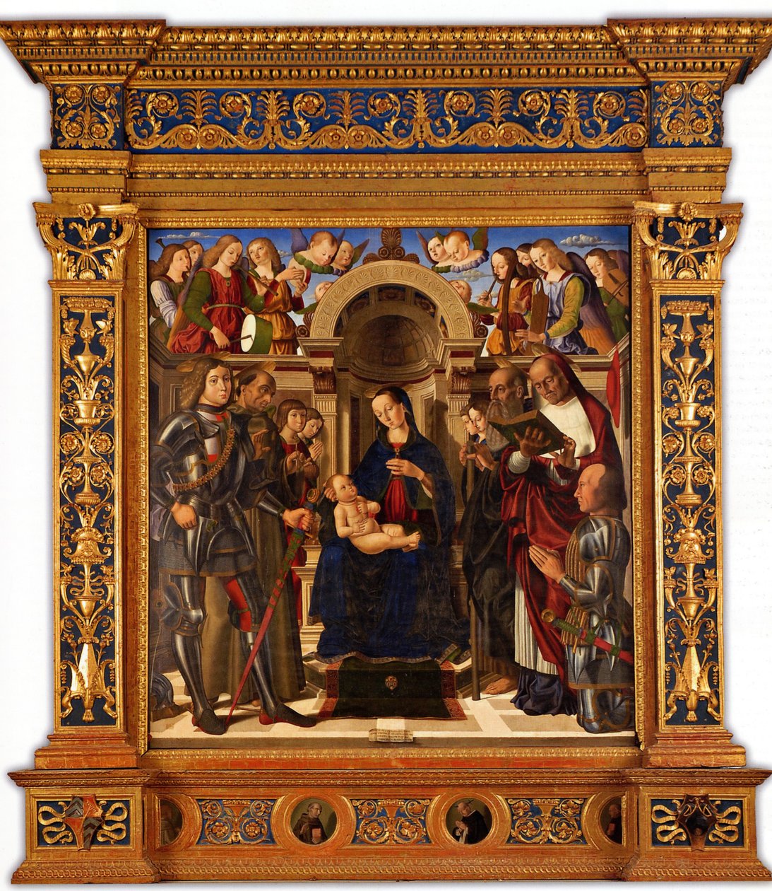 Pala Oliva. Madonna ja lapsi valtaistuimelle pyhien Yrjön, Franciscus Assisilaisen välillä…, 1489. tekijältä Giovanni Santi