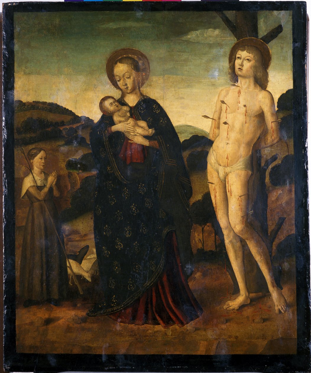 Madonna ja lapsi Pyhän Sebastianin ja paimentaren kanssa (tempera poppelipuulla) tekijältä Giovanni Santi or Sanzio