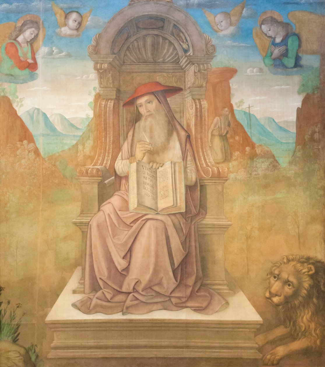 Saint Jerome Enthroned (tempera paneelissa) tekijältä Giovanni Santi or Sanzio