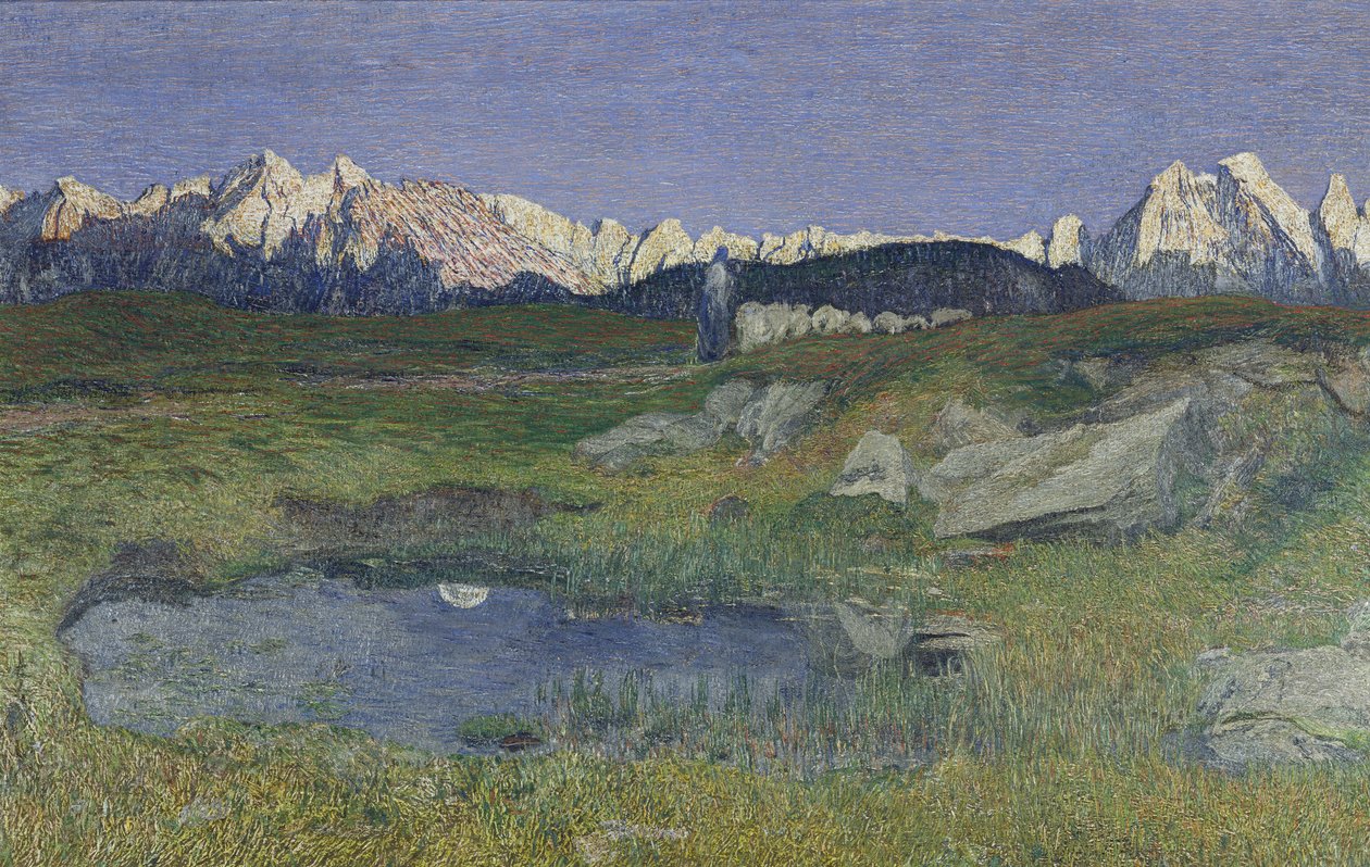 Alppimaisema auringonlaskun aikaan tekijältä Giovanni Segantini