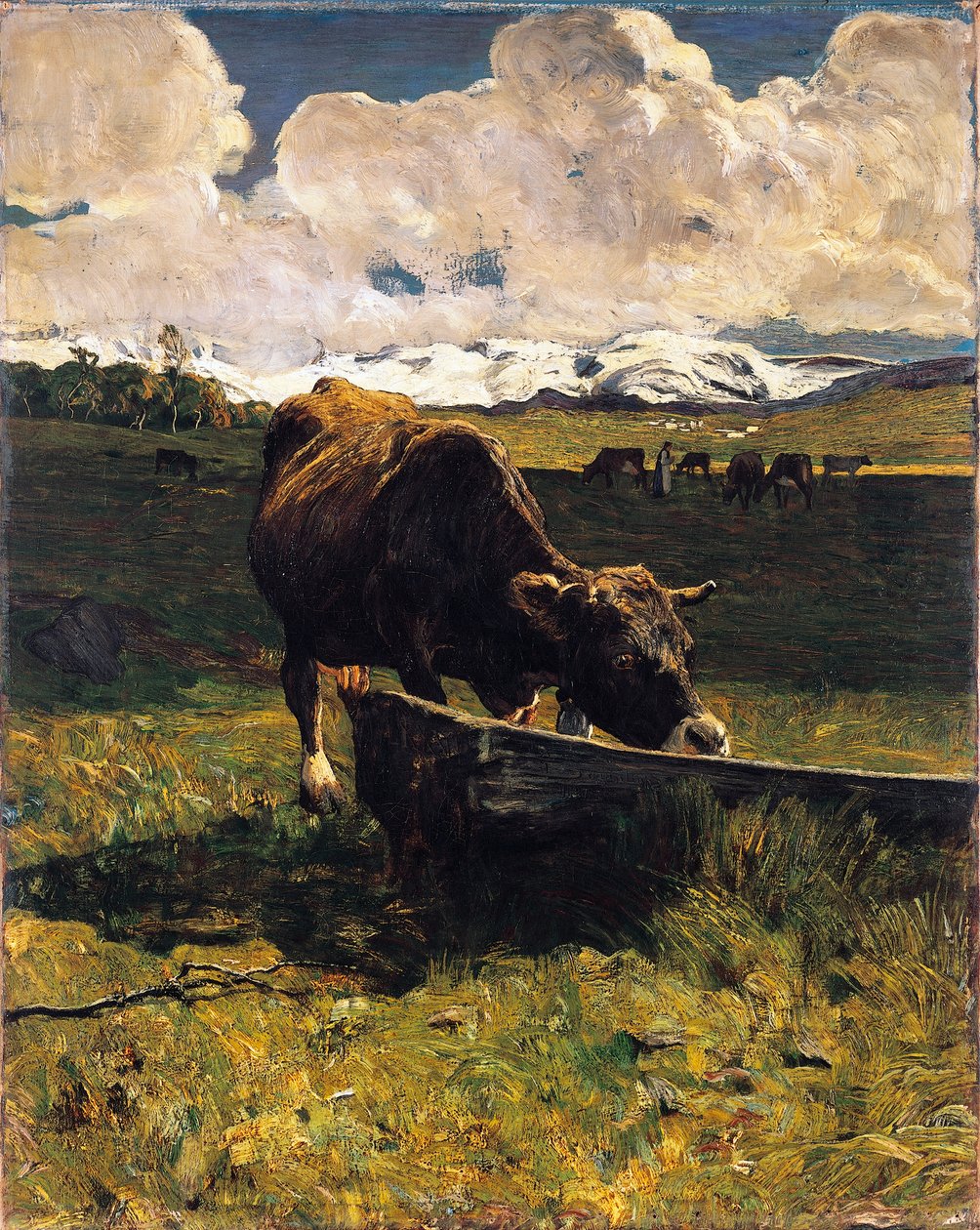 Ruskea lehmä kaukalolla, Giovanni Segantini (1858-1899), öljy kankaalle, 88x69 cm tekijältä Giovanni Segantini