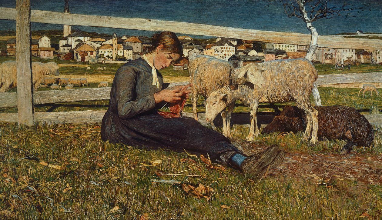 Giovanni Segantinin (1858-1899) sukkia tekevä tyttö, öljy kankaalle, 54x88 cm tekijältä Giovanni Segantini