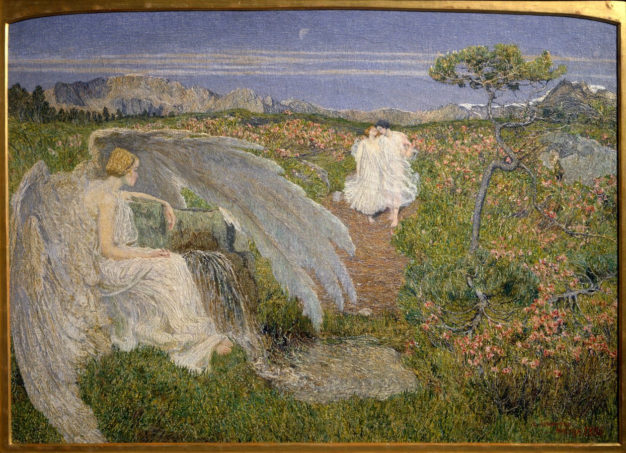 Elämän rakkauden lähde: Enkeli katselee parin kävelemistä unenomaisessa maisemassa tekijältä Giovanni Segantini