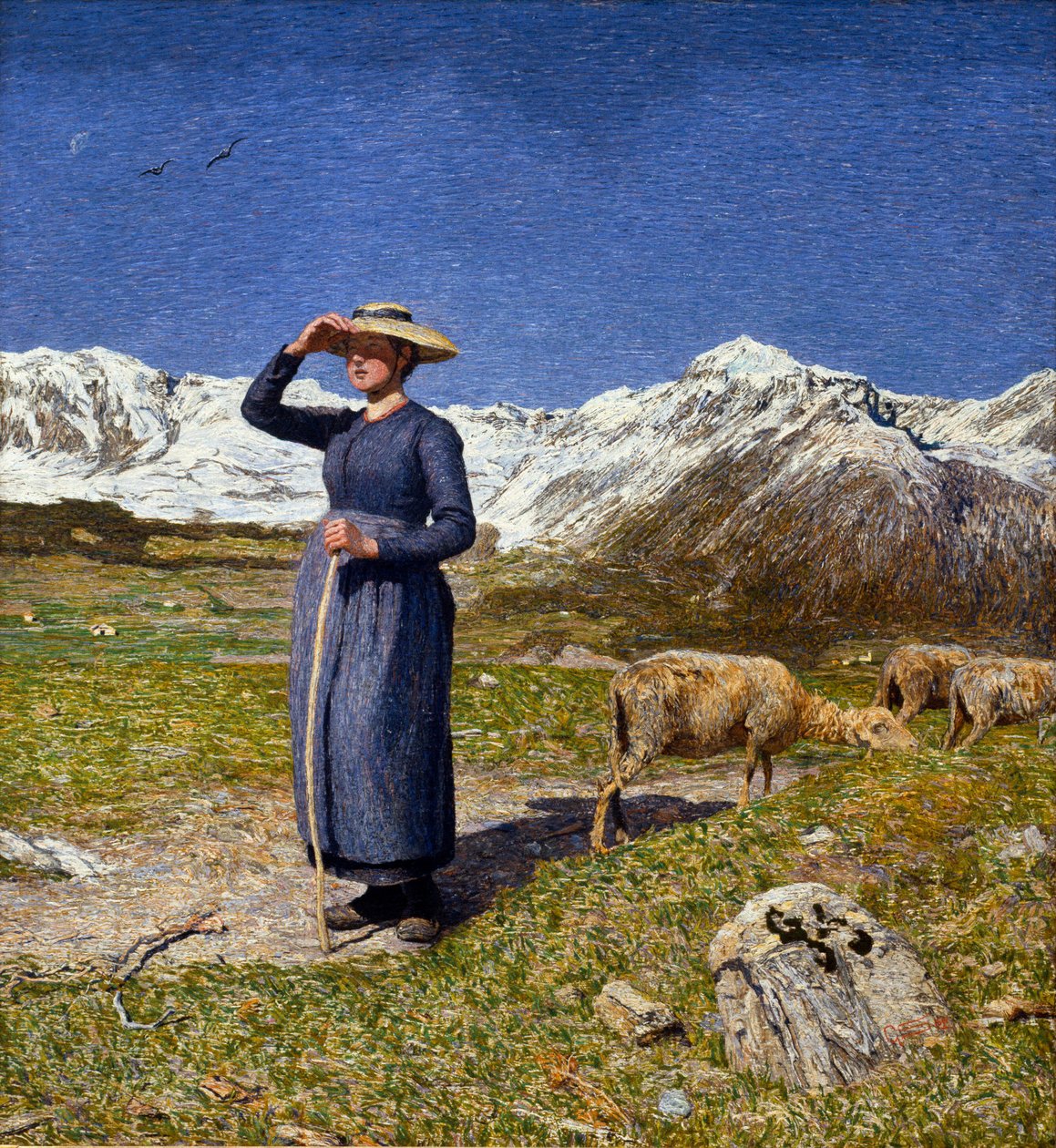 Keskipäivällä Alpeilla Bergeri suojaa silmiään auringolta. Giovanni Segantinin (1858-1899) maalaus 1891 su. 7,5x71,57 cm Collection O. Fischebacher tekijältä Giovanni Segantini