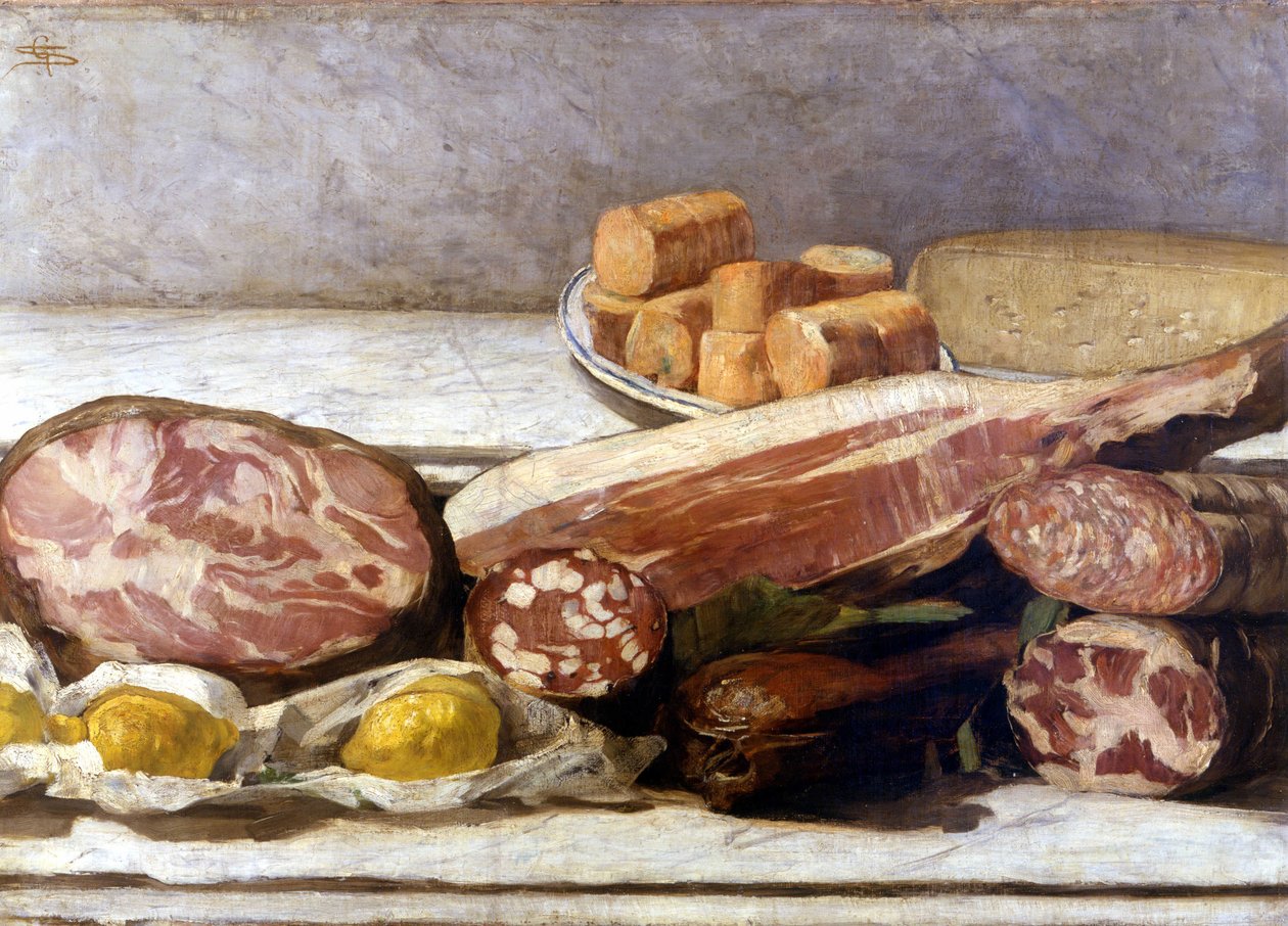 Värien ilo, leikkeleiden asetelma. Giovanni Segantinin (1858-1899) maalaus. 1886. Milan, ai. privee. tekijältä Giovanni Segantini