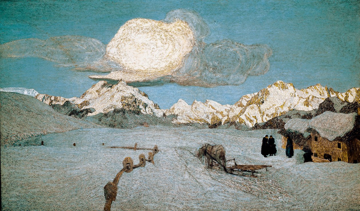 Luonnon triptyykki eli Engadin: ""Kuolema"" Giovanni Segantinin (1858-1899) maalaus 1896-1899 su. 192x320 cm Saint Moritz, Musee Segantini tekijältä Giovanni Segantini